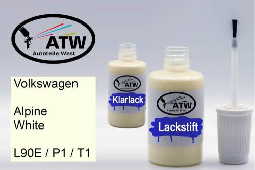 Volkswagen, Alpine White, L90E / P1 / T1: 20ml Lackstift + 20ml Klarlack - Set, von ATW Autoteile West.